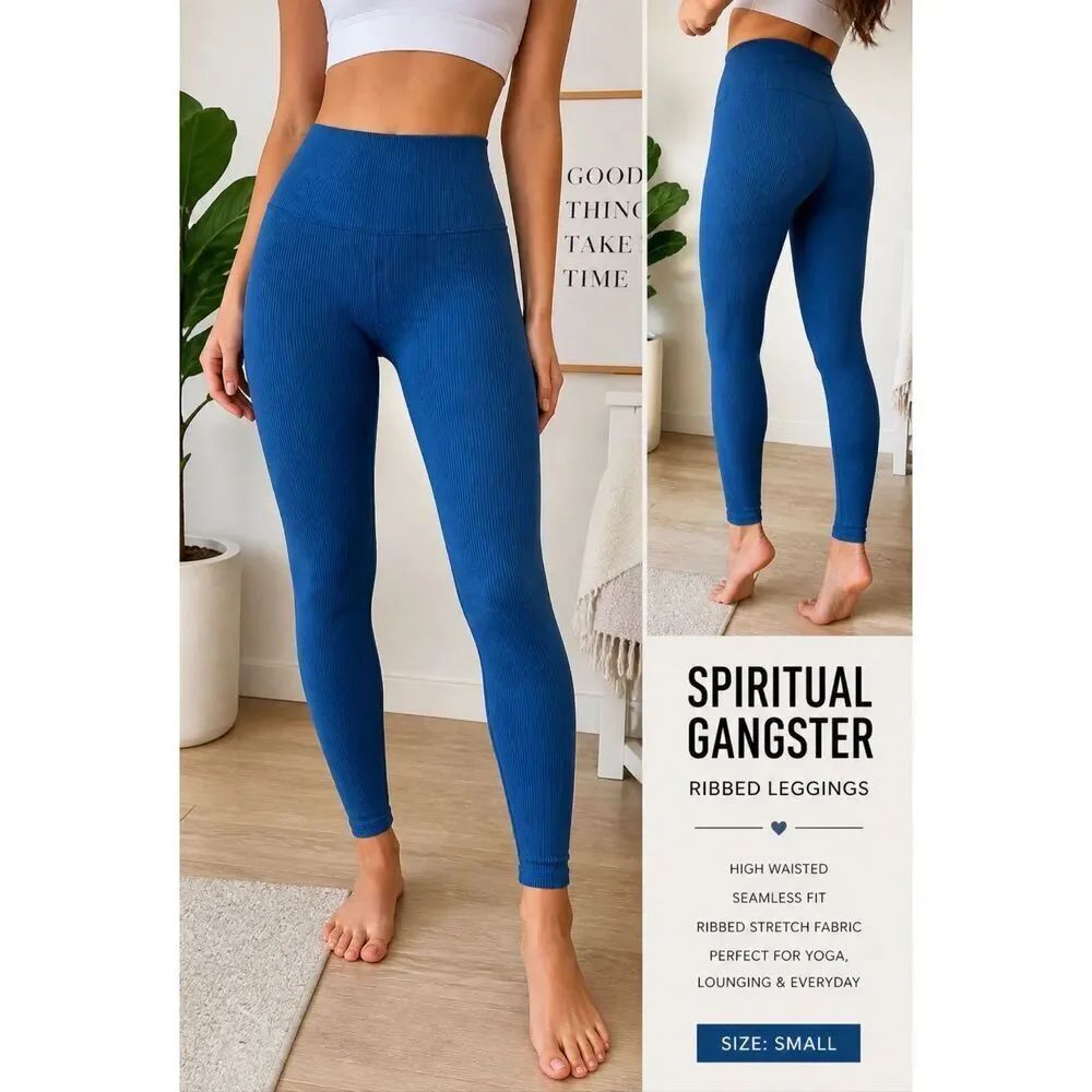Spiritual Gangster Ribbed Leggings Blue High Waist Seamless Yoga Activewear Wome